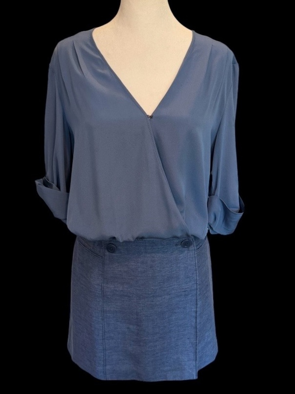 Tibi Silk + Linen Faux Wrap Dress Blue Minimalist Designer M